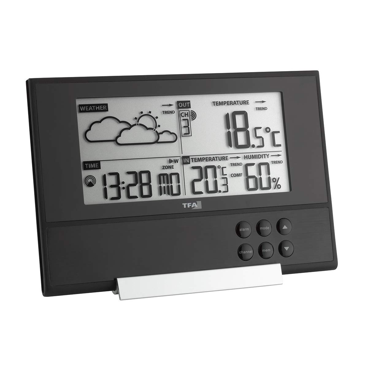 TFA Dostmann 35-1107 Pure - Stazione Meteo Radio, con Design Extra Piatto, previsioni meteorologiche, Temperatura Esterna, Temperatura Ambiente, Colore Nero