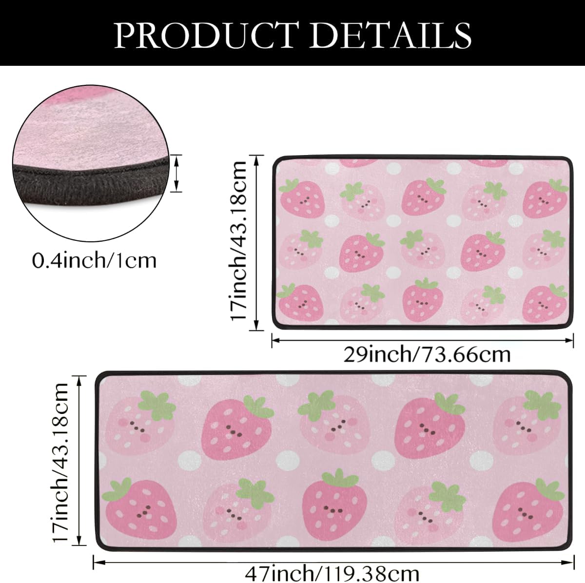 Anti Fatigue Strawberry Pattern Kitchen Mats for Floor 2 Piece Set, Waterproof Non Slip Boho Kitchen Floor Rugs, Comfort Standing Mat for Sink Laundry & Home Kitchen 17"x47"+17"x29"