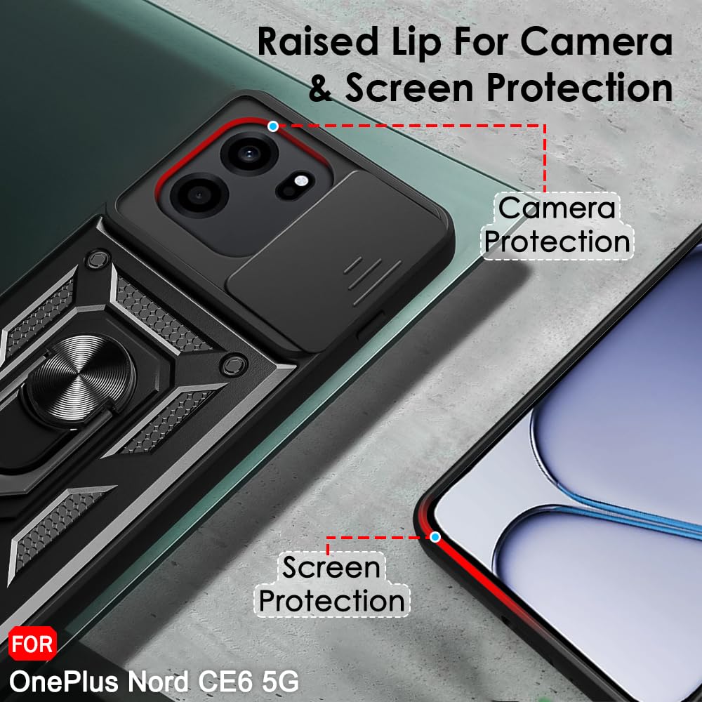 TheGiftKart Tough Armor Bumper Back Cover Case for OnePlus Nord CE 6 5G | Kickstand & Ring Holder | 360 Degree Protection Back Case Cover for OnePlus Nord CE6 (PC & TPU, Sliding Camera Cover, Black) — Amazon image 3