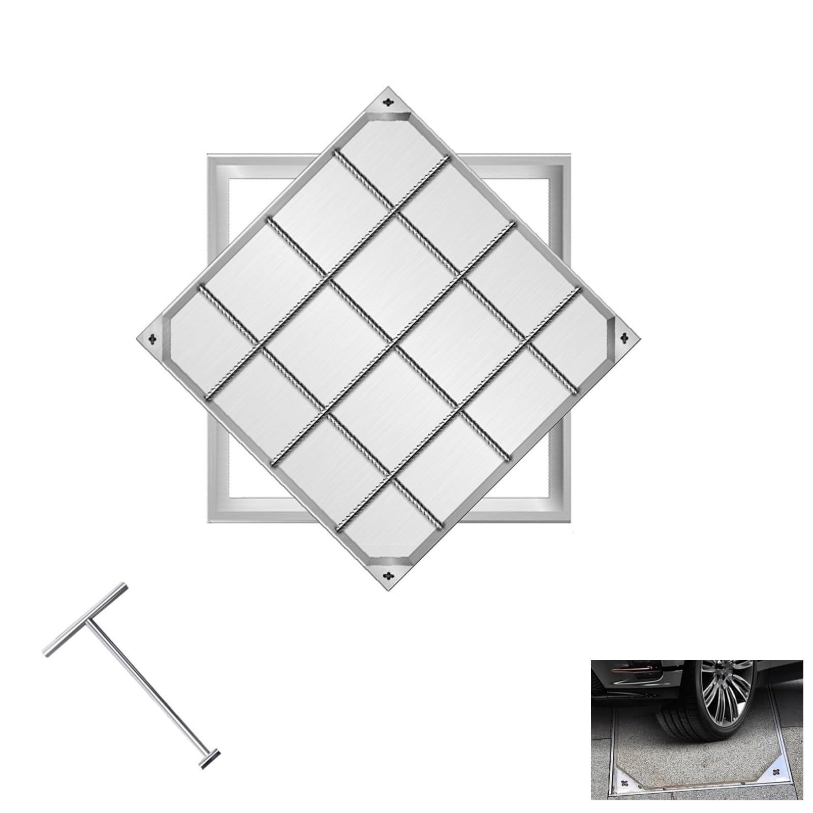 Couvercle de regard de visite invisible 70x70 robuste pour allée et trottoir en inox