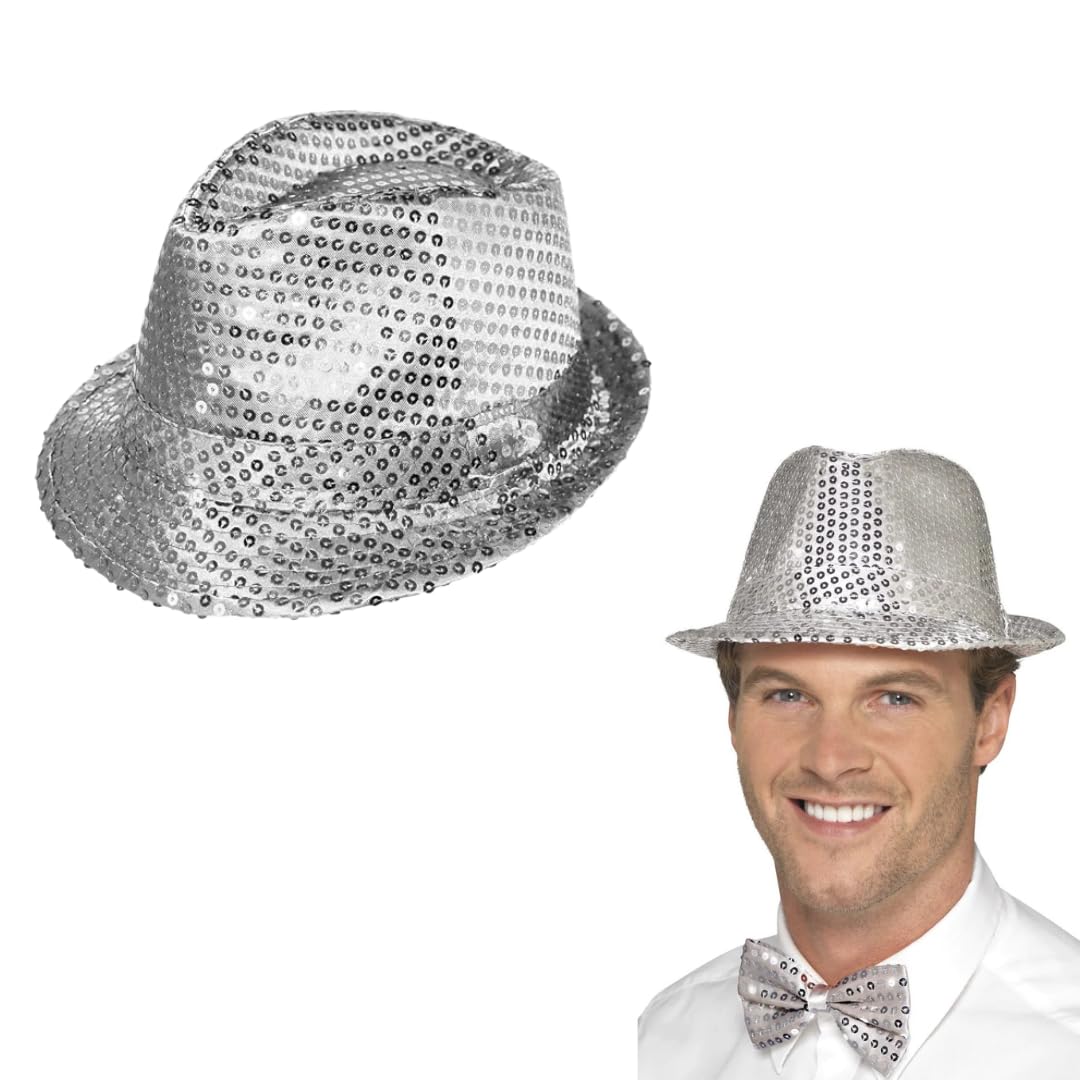 RockParty Sequin Fedora Hat Sparkly Trilby Fancy Dress Hat for Adults & Kids, Festival, Party, Dance, Stage, Rave & Costume Accessories (Silver)