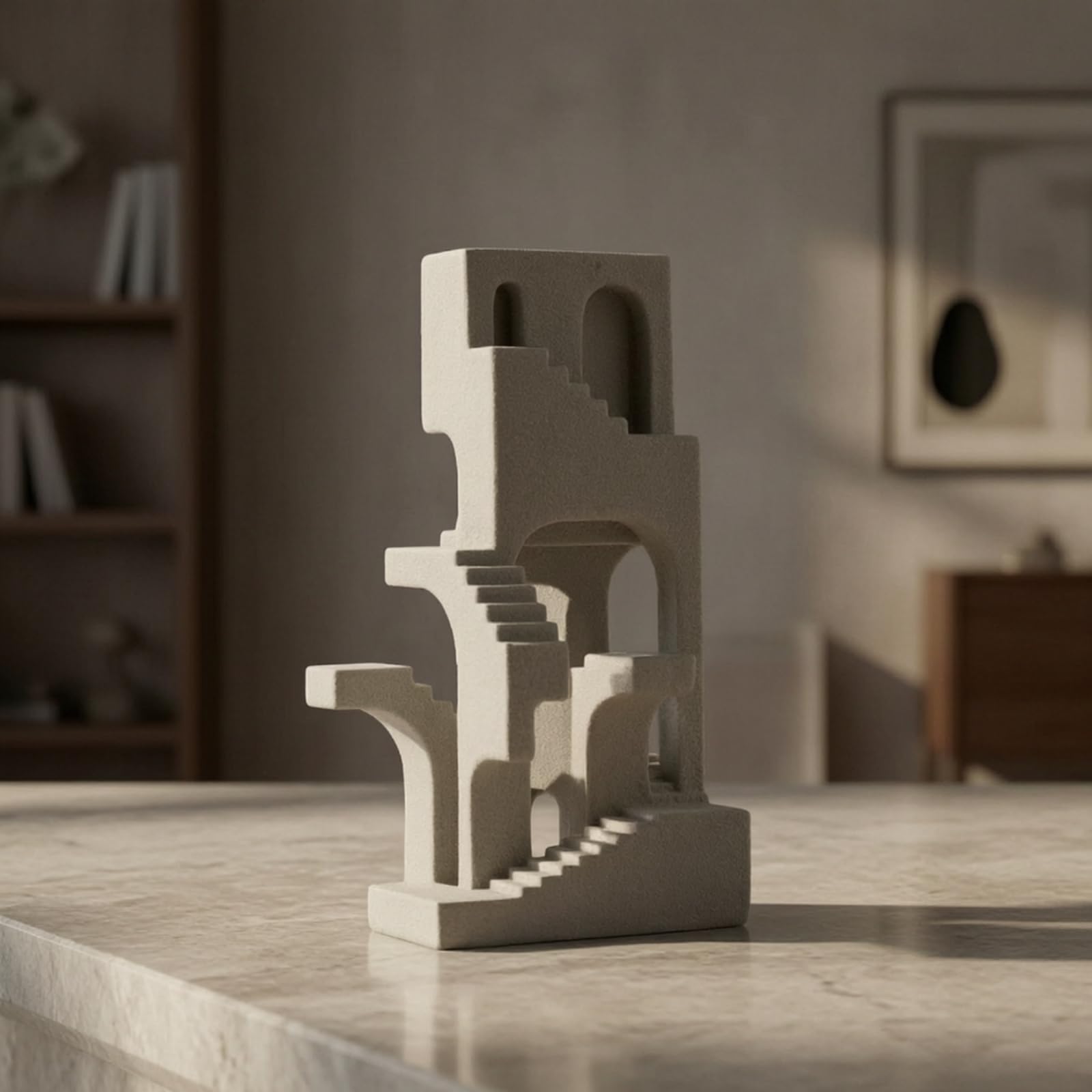 MagiDeal Escultura Geométrica Resina con Forma Torre Apilada y talles Escaleras Superficie con Textura Arenosa Tono Iluminado Neutro Acuada para