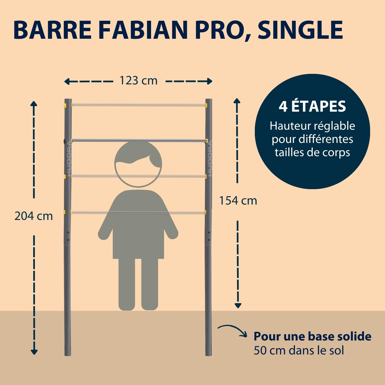 HUDORA Barre de gymnastique Fabian Standard/Pro - Barre simple/double d'extérieur pour enfants & adultes - Barre de fitness résistante réglable en hauteur sur 4 positions - Charge max. 100kg