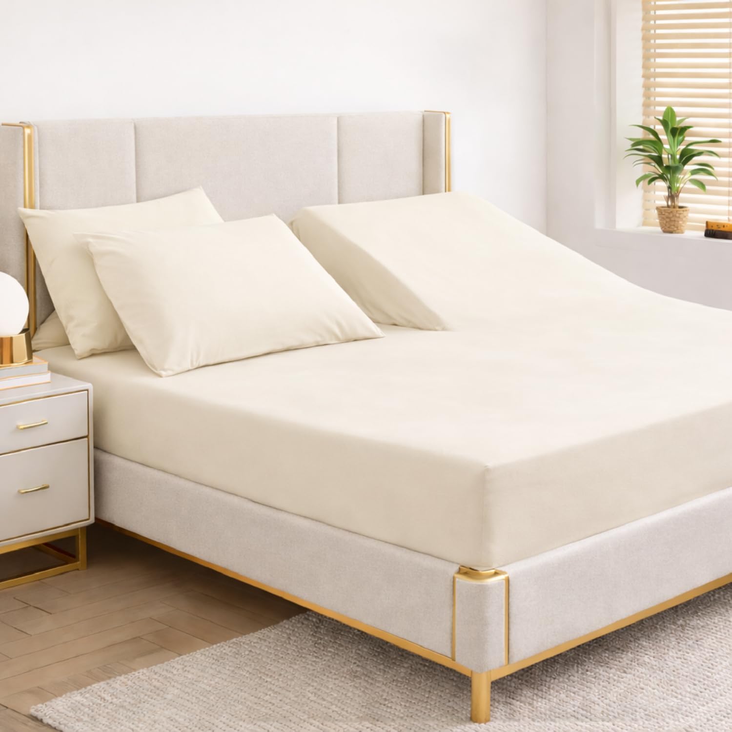 Split Fitted Sheet 600 Thread Count 100% Cotton for Adjustable Beds – 32” Split from Head, Flex Top King Size, Up to 18” Deep Pocket, Half Split Mattress Sheet Only (Ivory)