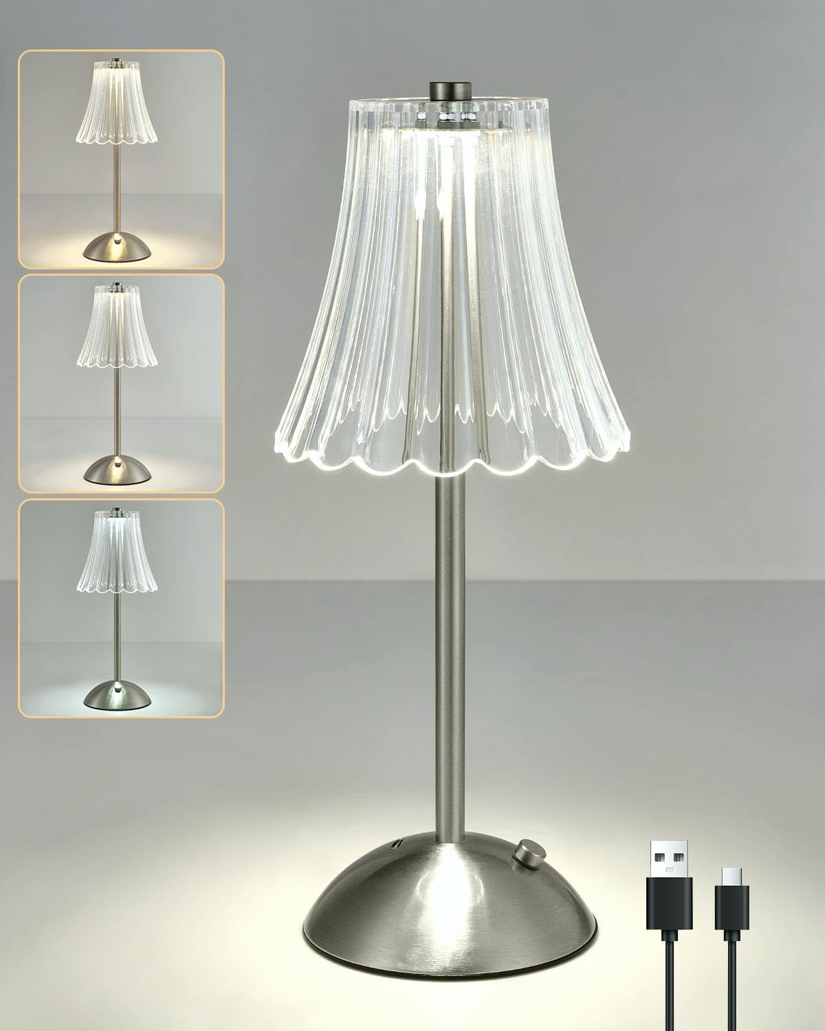 Rechargeable Table Lamp Satin Nickel, LED Desk Lamp Battery Operated