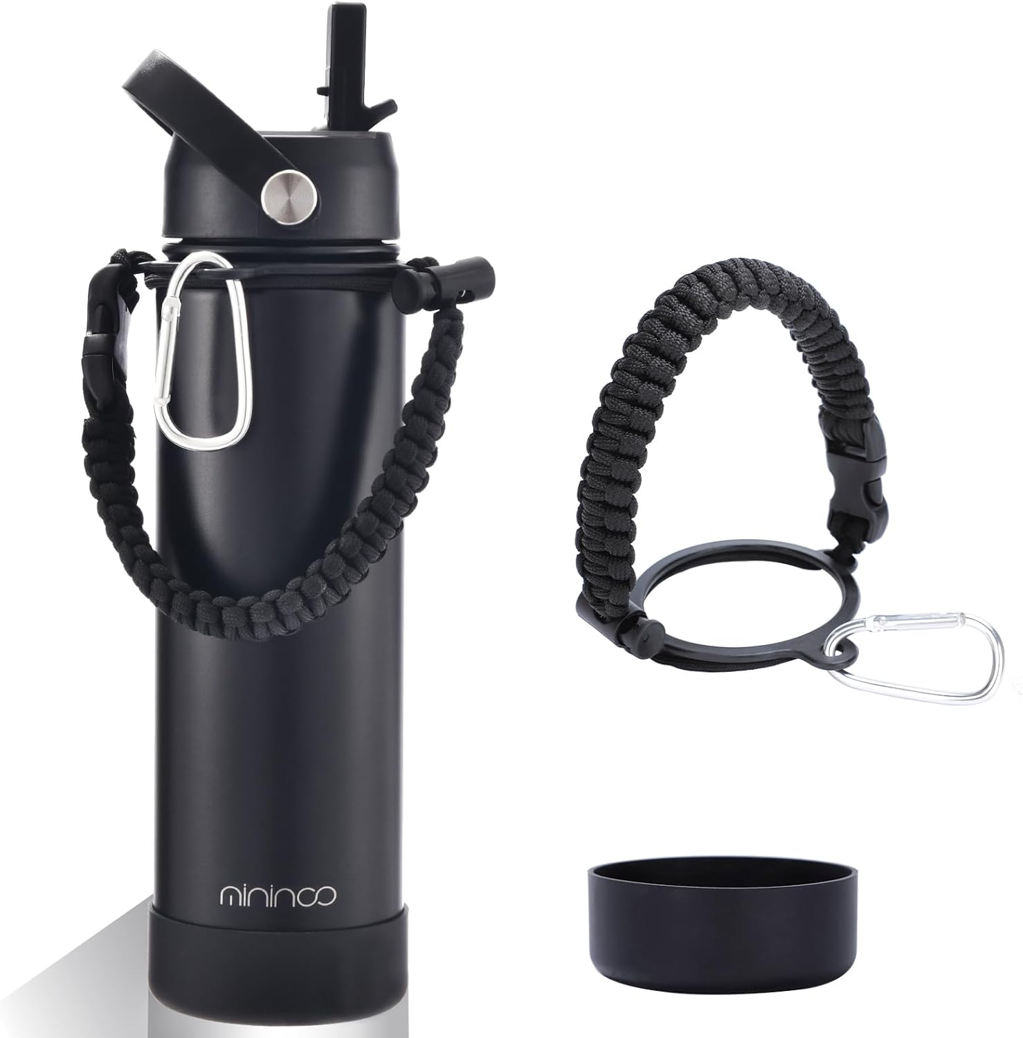 mininoo Botella de agua aislada de acero inoxidable con popote y tapa para deportes, 24 onzas, negro medianoche