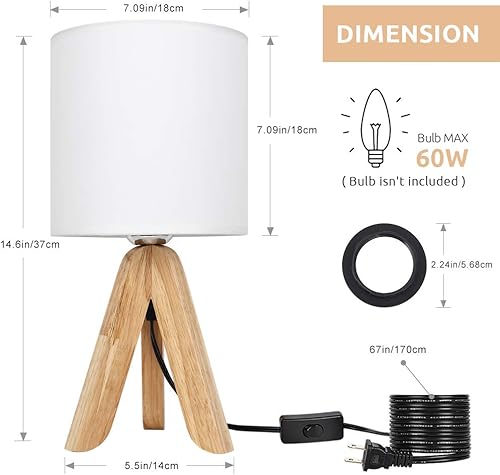 Miniatura 3 de HAITRAL Lámpara pequeña de mesita de noche - Lámpara de mesita de noche con trípode de madera para dormitorio, sala de estar, oficina, granja, hogar
