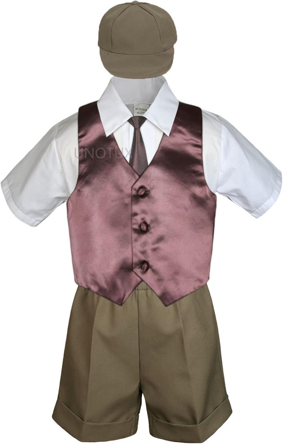 Baby Toddler Boy Party Suit Dark Taupe Shorts Shirt Hat Necktie Vest Set Sm-4T
