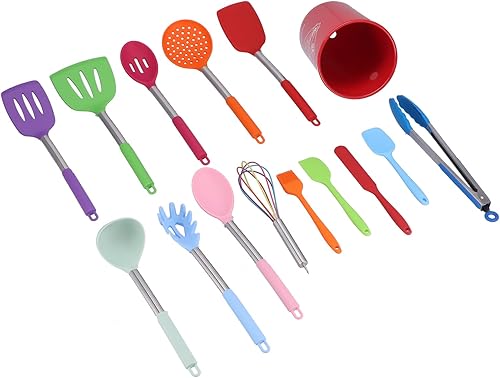 Miniatura 7 de Juego de utensilios de cocina de silicona de 15 piezas con mango de acero inoxidable resistente al calor con soporte para cocinar utensilios de