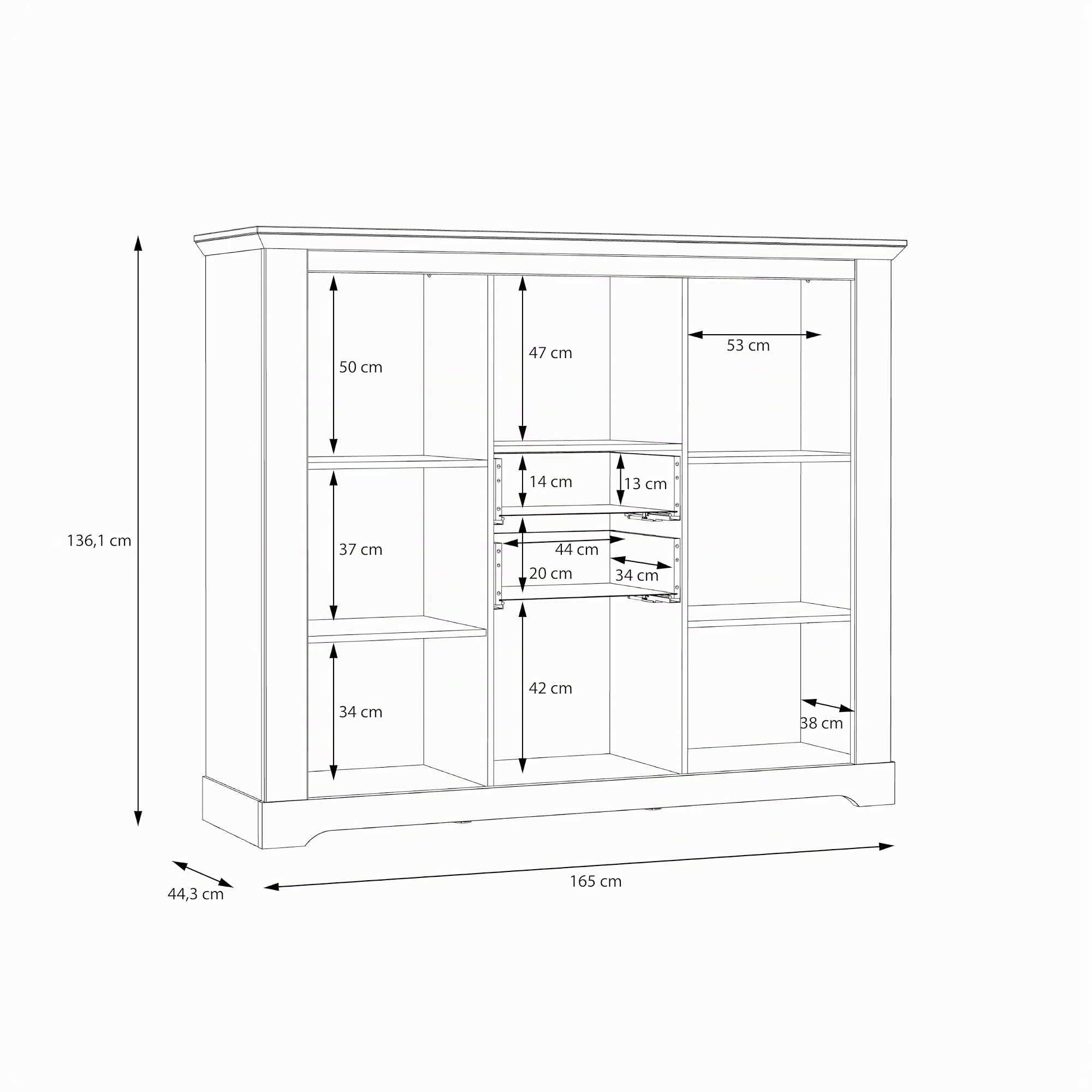 Forte ILOPPA Vitrine 165, Vitrine mit 3 Türen und 2 Schubladen, Vitrinenschrank im Landhausstil, Holzwerkstoff, Nelson Eiche/Schneeeiche Holzdekor, 165 cm breit x 136,1 cm hoch x 44,3 cm tief