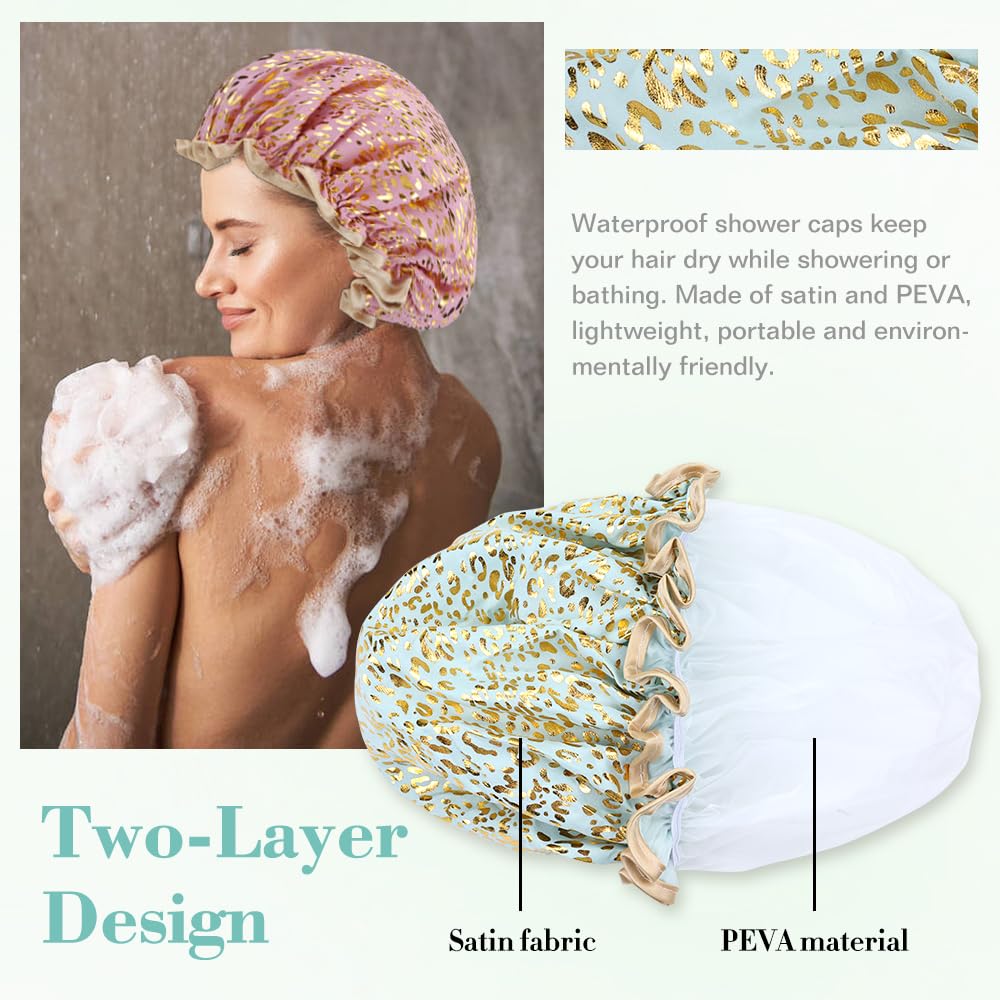 Yoosit 4 PACK Double Layer Waterproof Reusable Satin Shower Caps with Adjustable Bath Hair Caps Stretchy EVA Bathing Hats Bonnets Curly Long Braids Hair for Women Girls (pack of leopard) - Image 3
