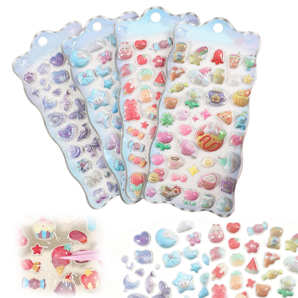 JetWave 4枚セット かわいい 女の子向け ぷっくり 3D 立体シール PVC素材 手帳 ノート 封筒 デコレーション用 DIYステッカー