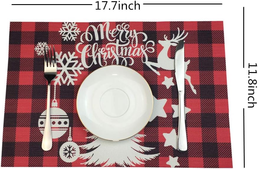 WAZAIGUR Placemats Set of 6 Red and Black Plaid Christmas Tree Snowflake Five-Pointed Star Reindeer Non-Slip and Heat Resistant PVC Kitchen Table Mats