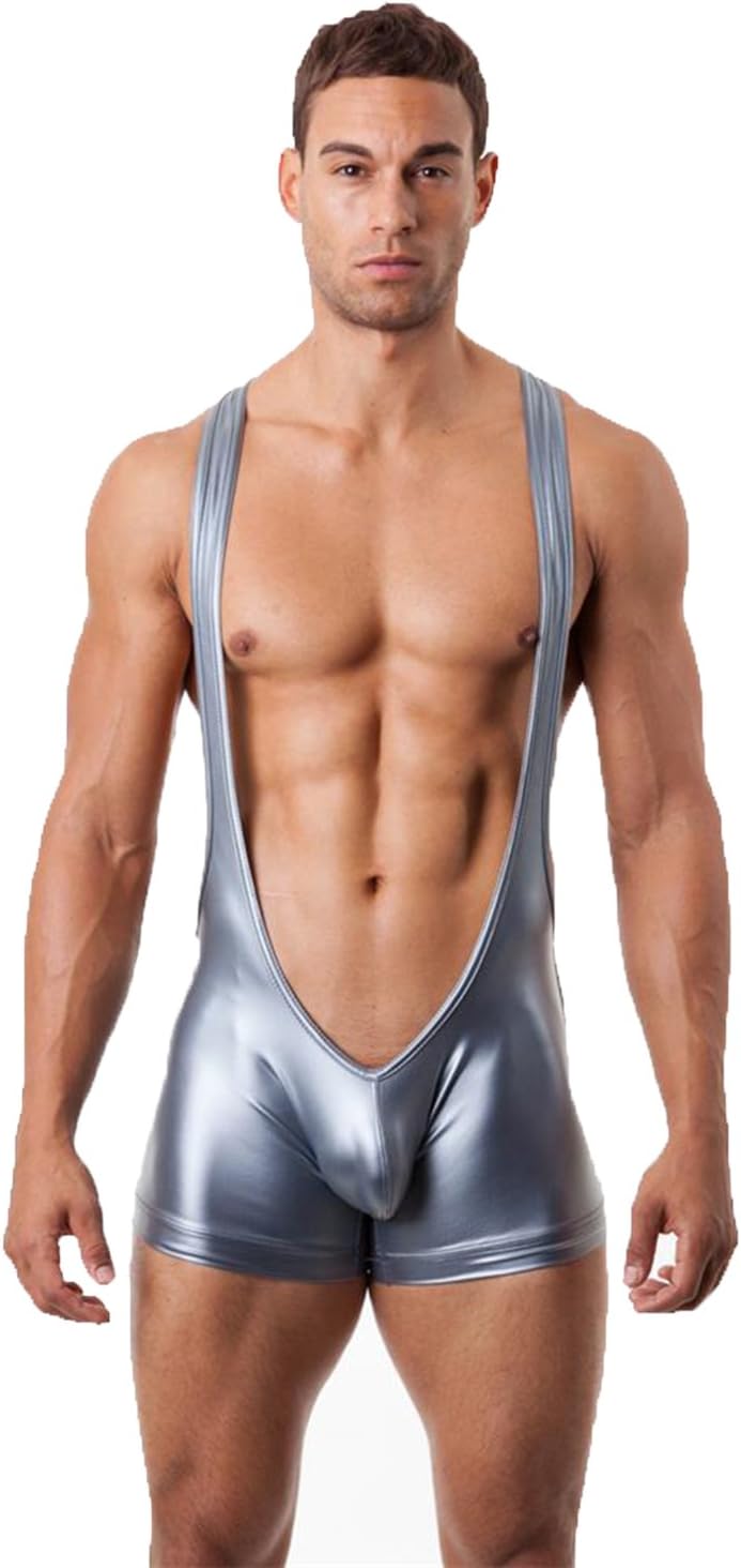 Sexy Boxer Shorts for Men Imitation Leather Teddies Lingerie (M, Silver)