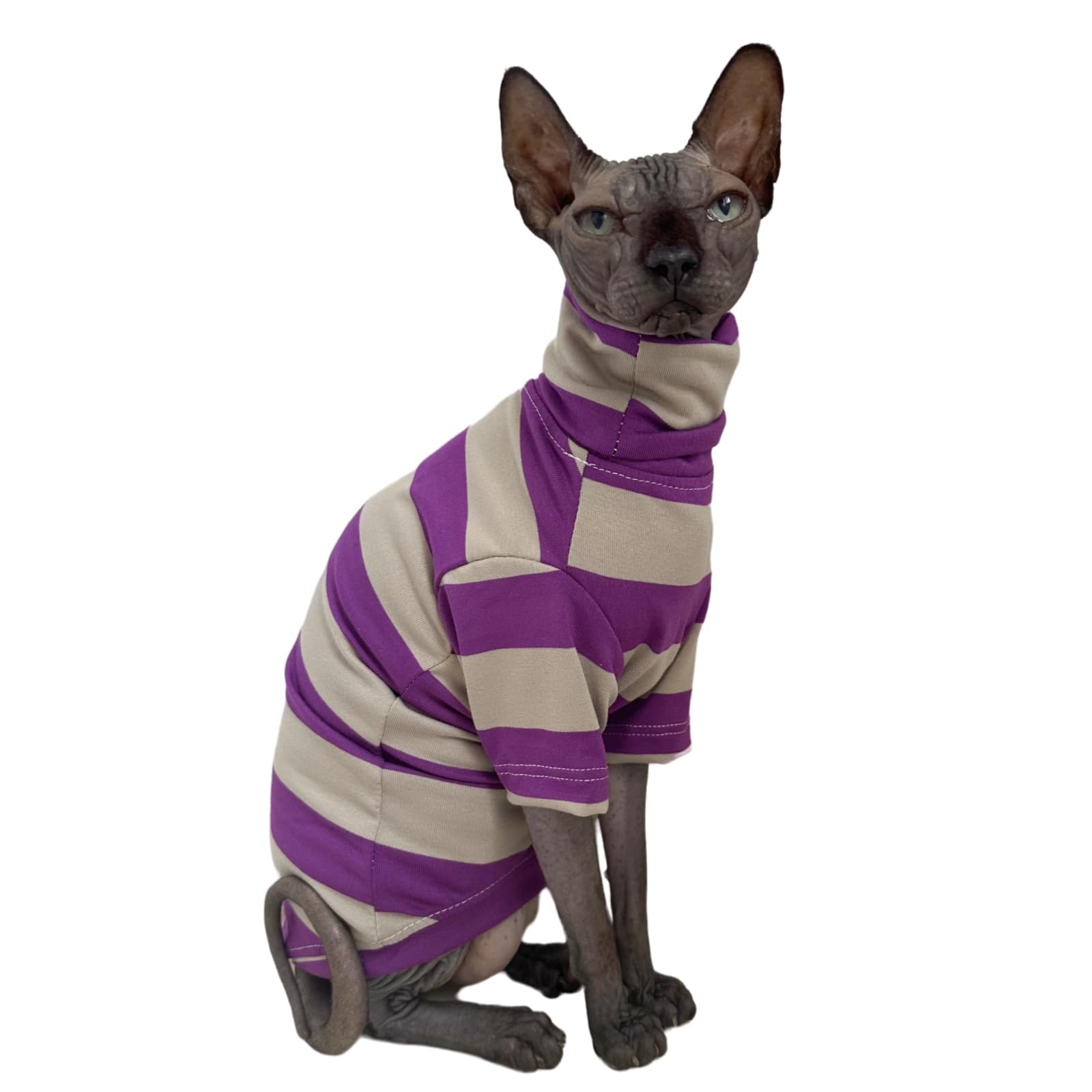Vintage Stripes Sphynx Hairless Cats Shirt Cotton Cat Turtleneck Pet Clothes Kitten T-Shirts with Sleeves for Sphynx Cats (Wide Purple Grey Stripe,