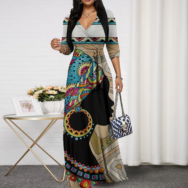 Image of CaniBtr Maxi Dresses for Women Plus Size 3 /4 Sleeve Long Dress with Belt | Versatile plus-size maxi dress,wrap v-neck + waist tie craft soft glamorous looks easily for everyday casual outings