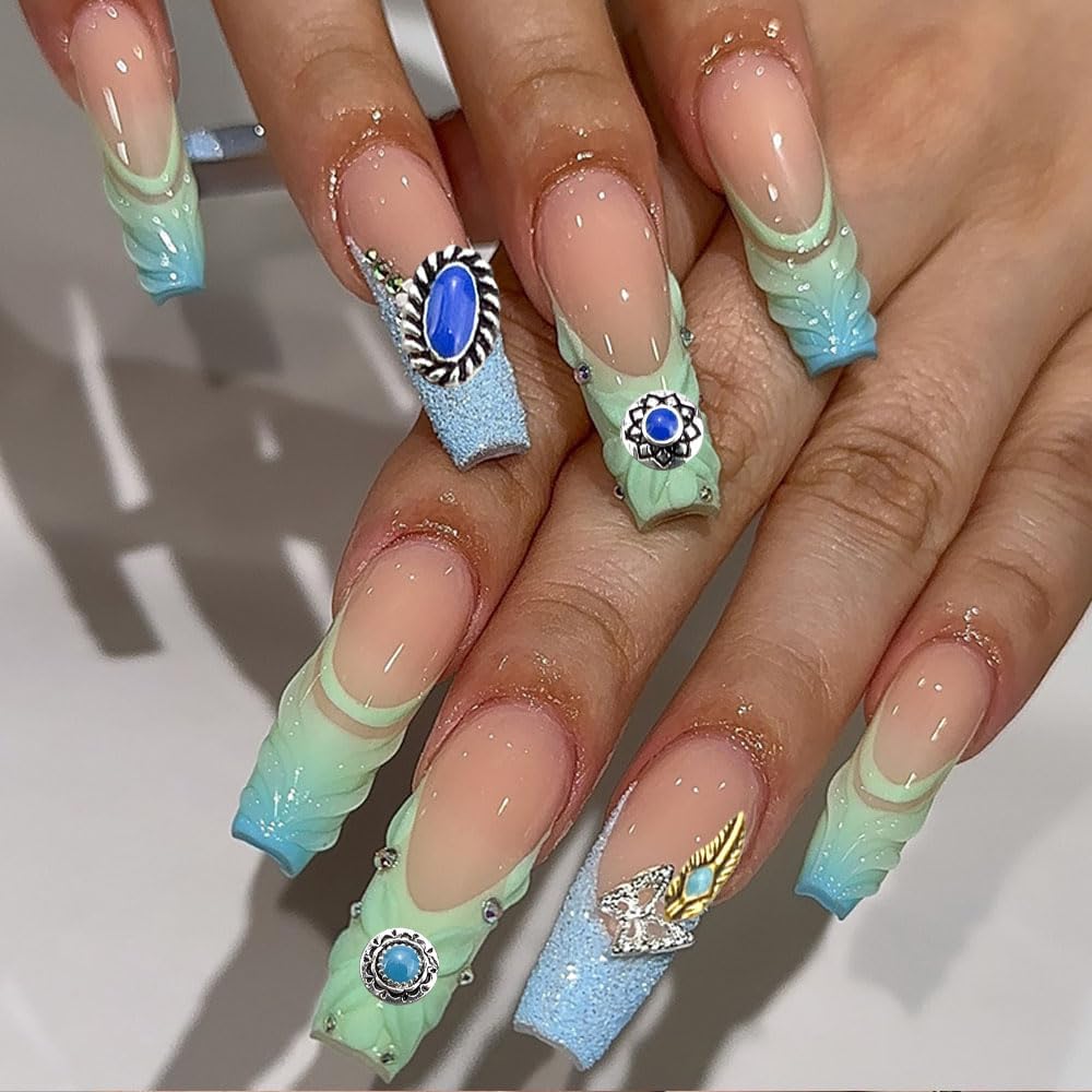 Western Nail Art Charms, 40 Pieces Metal Turquoise Decorations, Mixed Shapes 3D Gems for DIY Manicure image 3