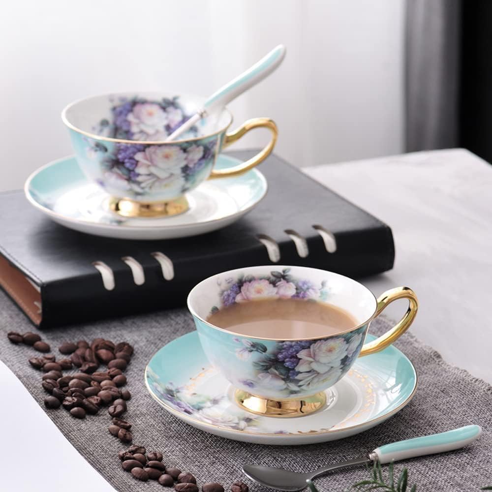 Zestawy kubków i talerzyków 7,5oz Kwiatowe Filiżanki Do Herbaty Ze Złotym Wykończeniem I Łyżeczką, Ceramiczny Kubek Do Kawy Na Prezent Na Wesele