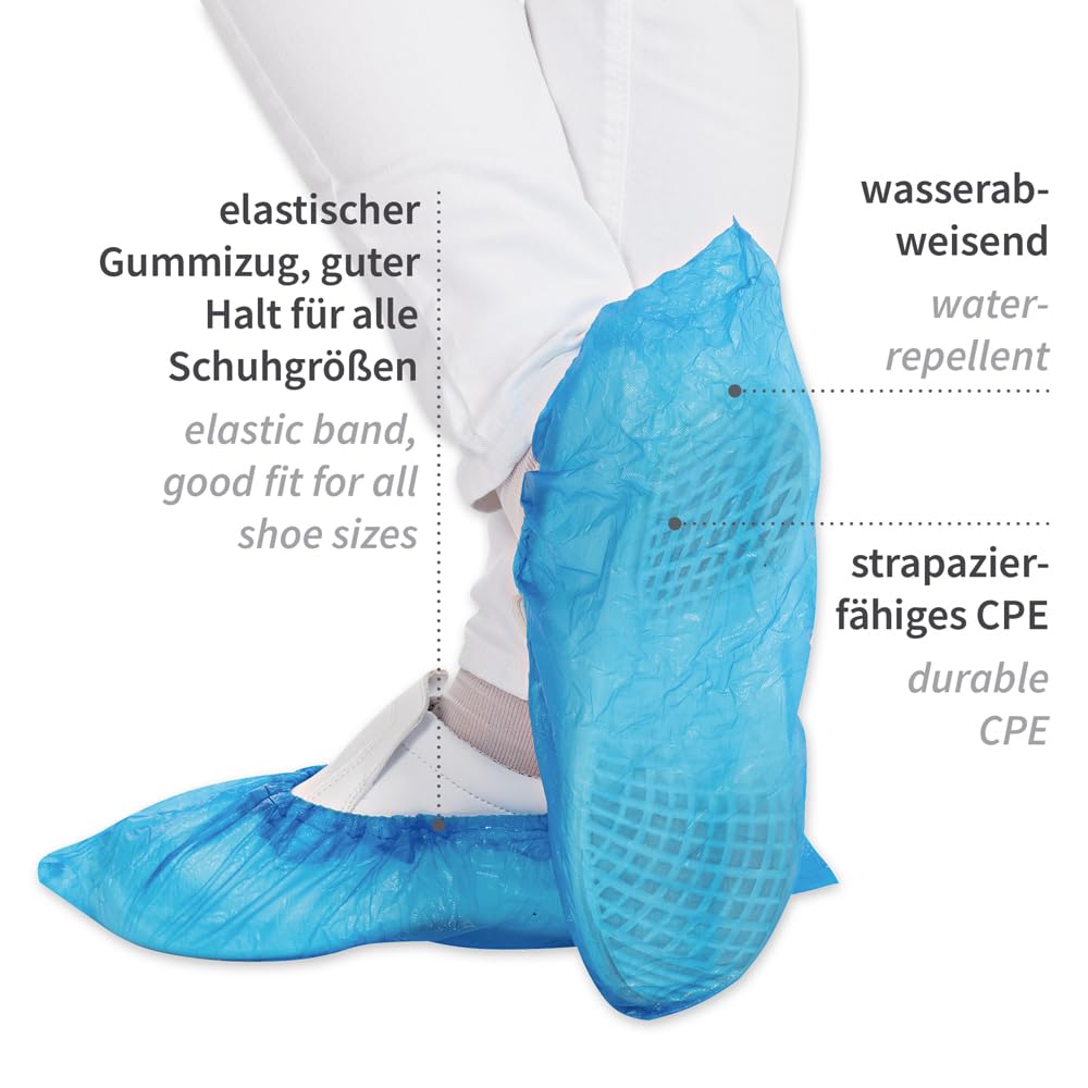 Hygostar 2000x Schuhüberzieher Einweg blau, CPE Überzieher Schuhe, Schuh Überzieher wasserdicht, Überschuhe Fersenschutz für Schuhe, Schuhüberzieher reißfest, Überschuhe elastisch, Überziehschuhe