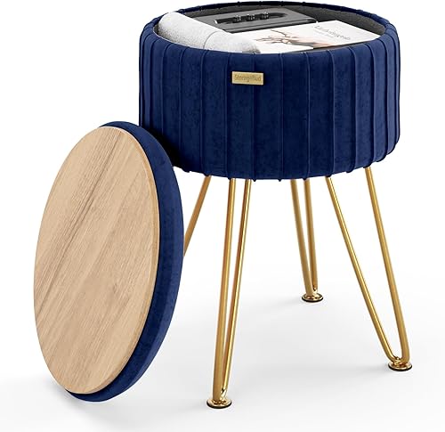 Miniatura 12 de STORAGEBUD Otomana redonda con almacenamiento, otomana de almacenamiento de terciopelo plisado, taburete de pie, taburete de maquillaje, otomanas