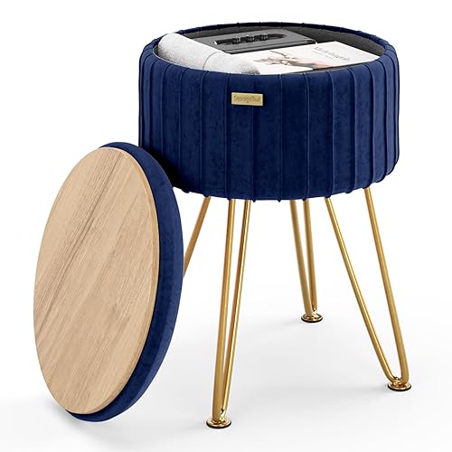 Round Ottoman with Storage, Pleated Velvet Storage Ottoman, Foot Stool