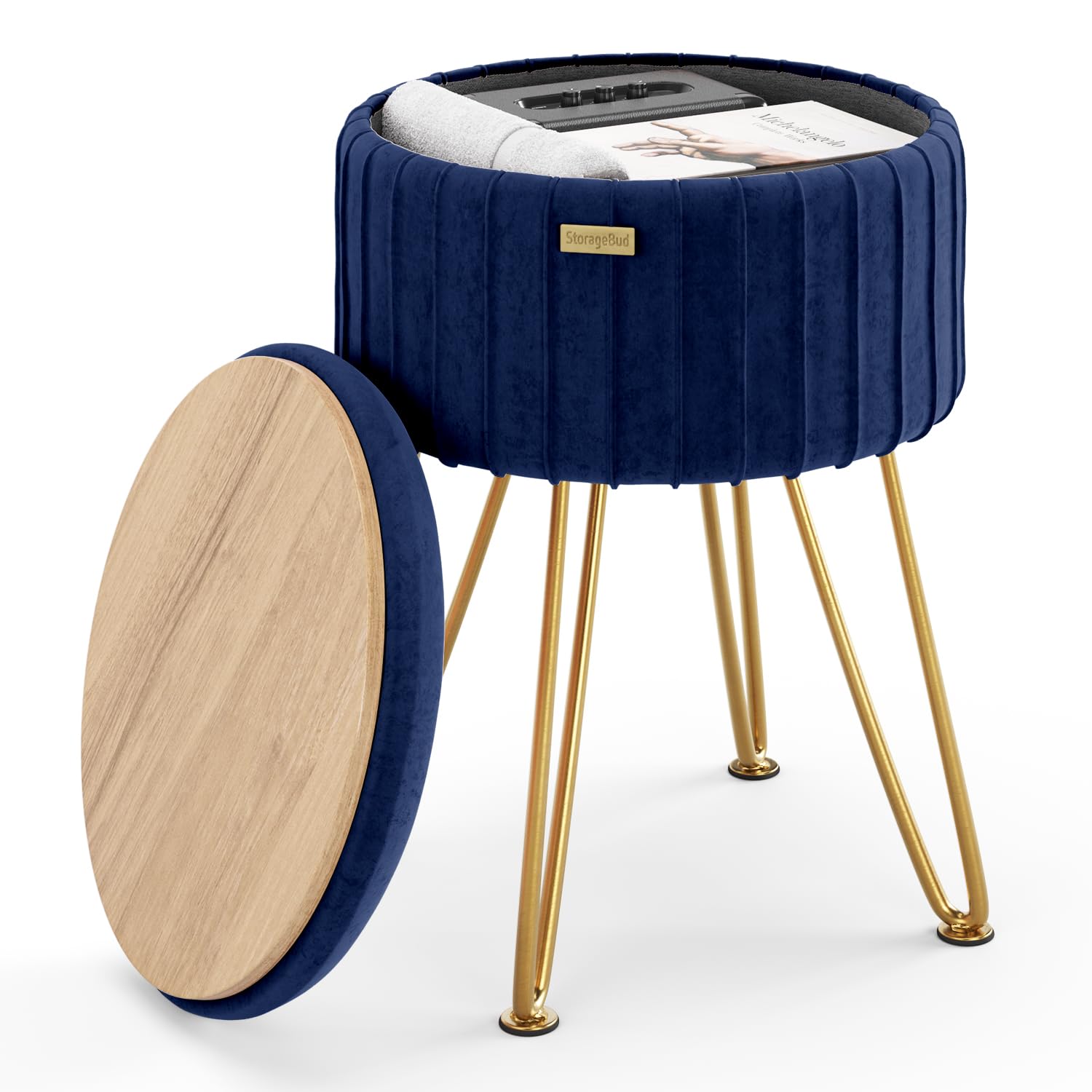 Photo 1 of *Missing legs*STORAGEBUD Round Ottoman with Storage, Pleated Velvet Storage Ottoman, Foot Stool Ottomans, Makeup Vanity Stool, Small Ottomans Foot Rest, Modern Vanity Stools for Living Room and Bedroom, Blue