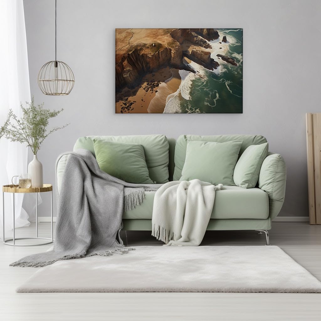 Canvas for Living room. Enchanting Seashore Splendor: A Tapestry of Sand, Stone, and Surf, 27 x 18 inch Canvas Wall Art - Seascapes And Ocean - Modern Home Decor