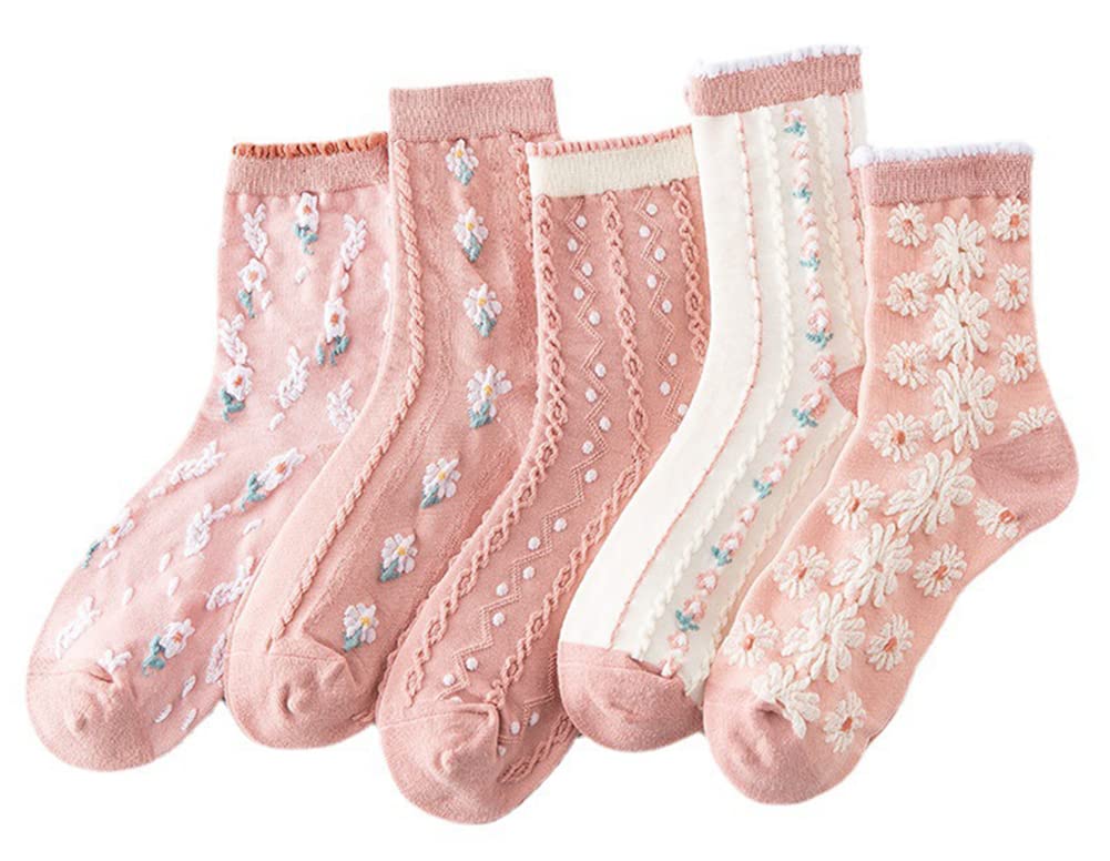 CRETUAO 5 Pairs Kawaii Socks, Cute Flower 3D Textured Cotton Socks, Women Mid Tube Lace Ruffles Ankle Sock, Soft Breathable Crew Sock for Girl,Pink