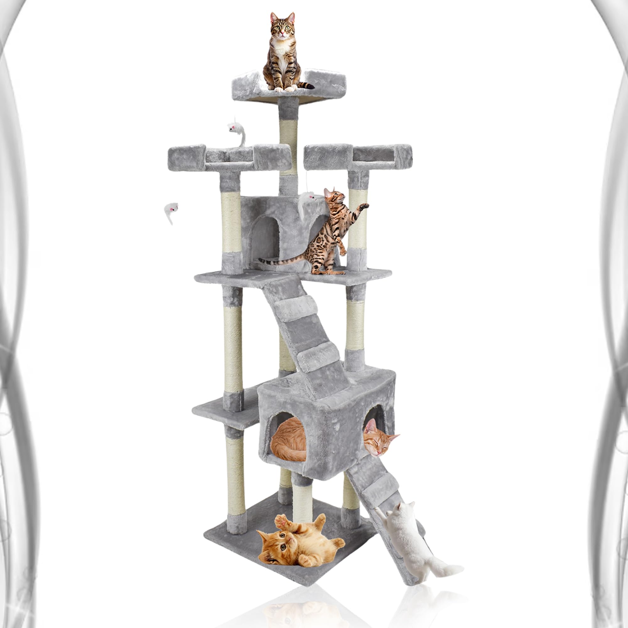 Abaseen 170cm Cat Tree Tower | Multilevel Climbing House with Condos & Ladder | Cat Activity Centre with Scratching Posts | Indoor Furniture for Large & Small Cats (Grey)