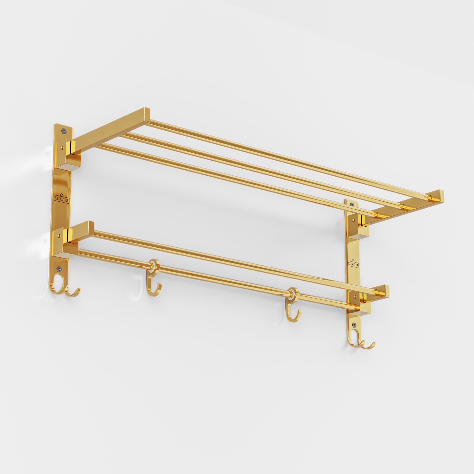 Gold Towel Rack - Wall Mounted Shelf with Hooks -4