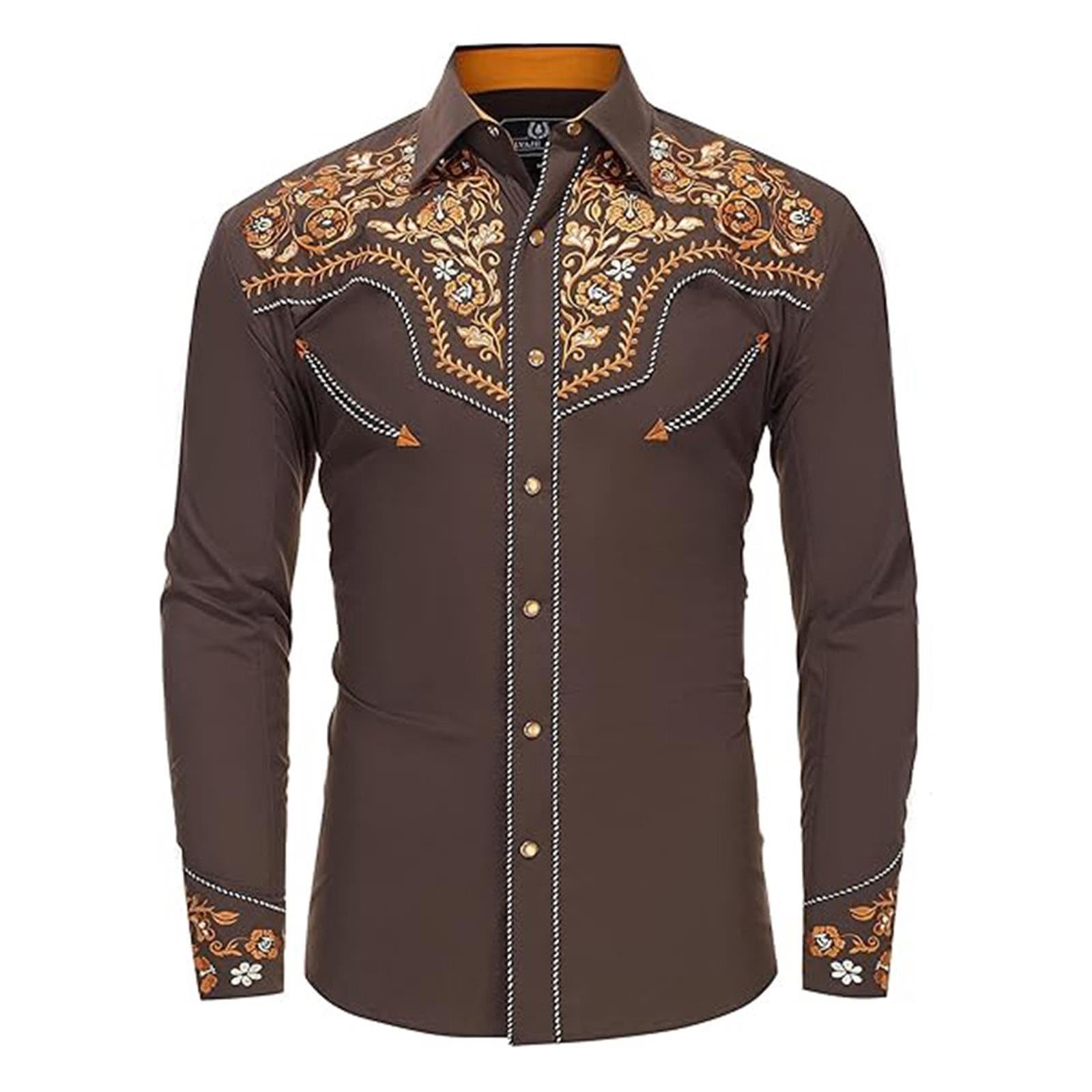 Cowboy Shirts for Men Button Down with Embroidered Western 70s Long Sleeve Cowboy Outfit Fancy Dress Country and Western Clothing for Oktoberfest Halloween and Costume Party,Brown,S