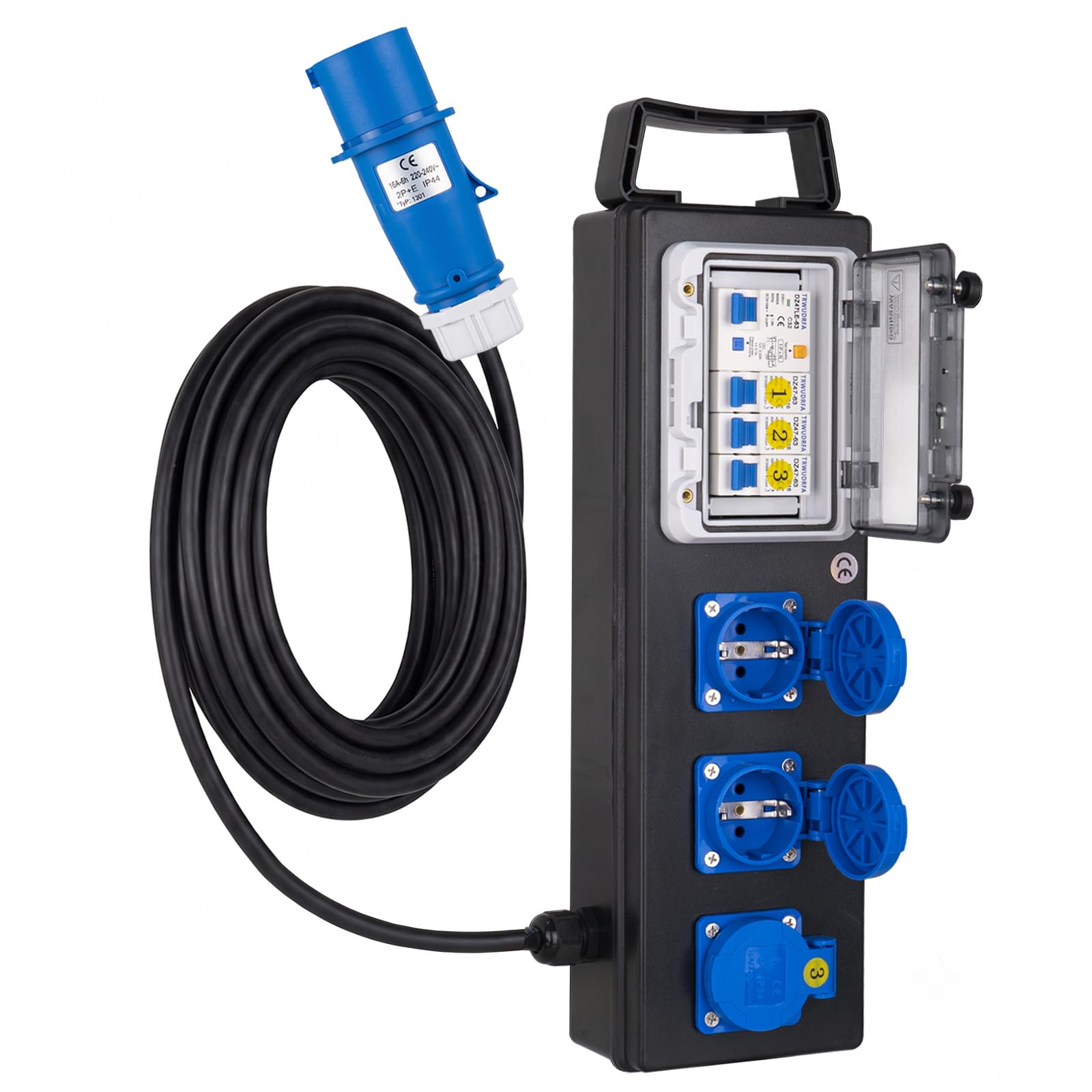 Tragbarer Stromverteiler mit 3P CEE-Stecker und 2m kabel - Baustromverteiler mit Leitungsschutzschalter - CEE Steckdose Verteiler mit 3X 250V/16A Schuko für Baustellen, Wohnwagen, Wohnmobile