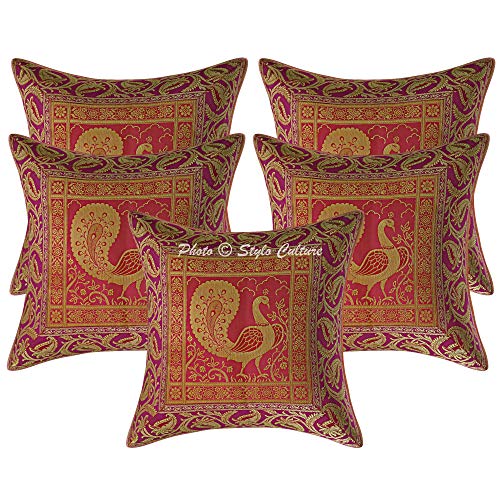Image of Decorative Brocade Cushion Cover 16x16 Inch Banarasi Jacquard Weave Living Room Decor Magenta & Gold Peacock Traditional Square 40x40 cm Zippered Sofa Settee Pillowcase -1 Pc