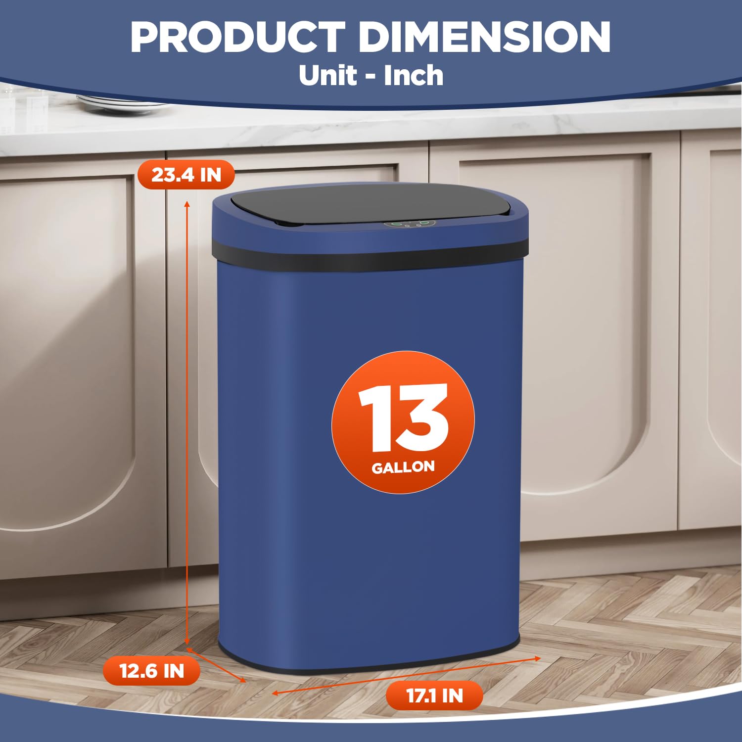 13 Gallon Kitchen Trash Can Automatic Garbage Can with Lid, 50 Liter Trash Bin Touch Free Garbage Bin High-Capacity Brushed Stainless Steel Waste Bin for Bedroom Home Office, Dark Blue