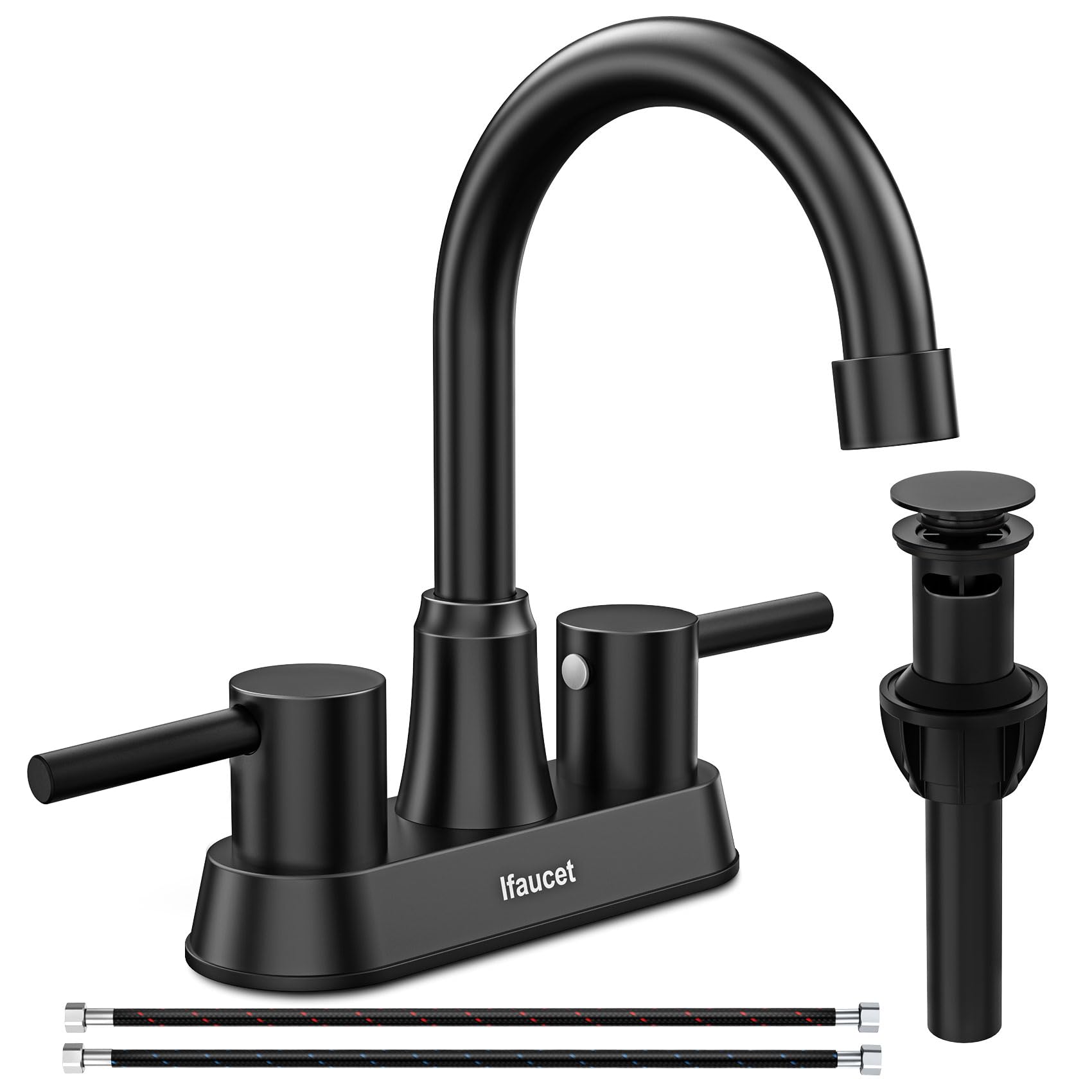 Black Bathroom Faucet 3 Hole, Bathroom Faucets for Sink 3 Hole, Bathroom Sink Faucet, 4 Inch 2 Handle Centerset, Lead-Free, with Copper Pop Up Drain (Matte Black)