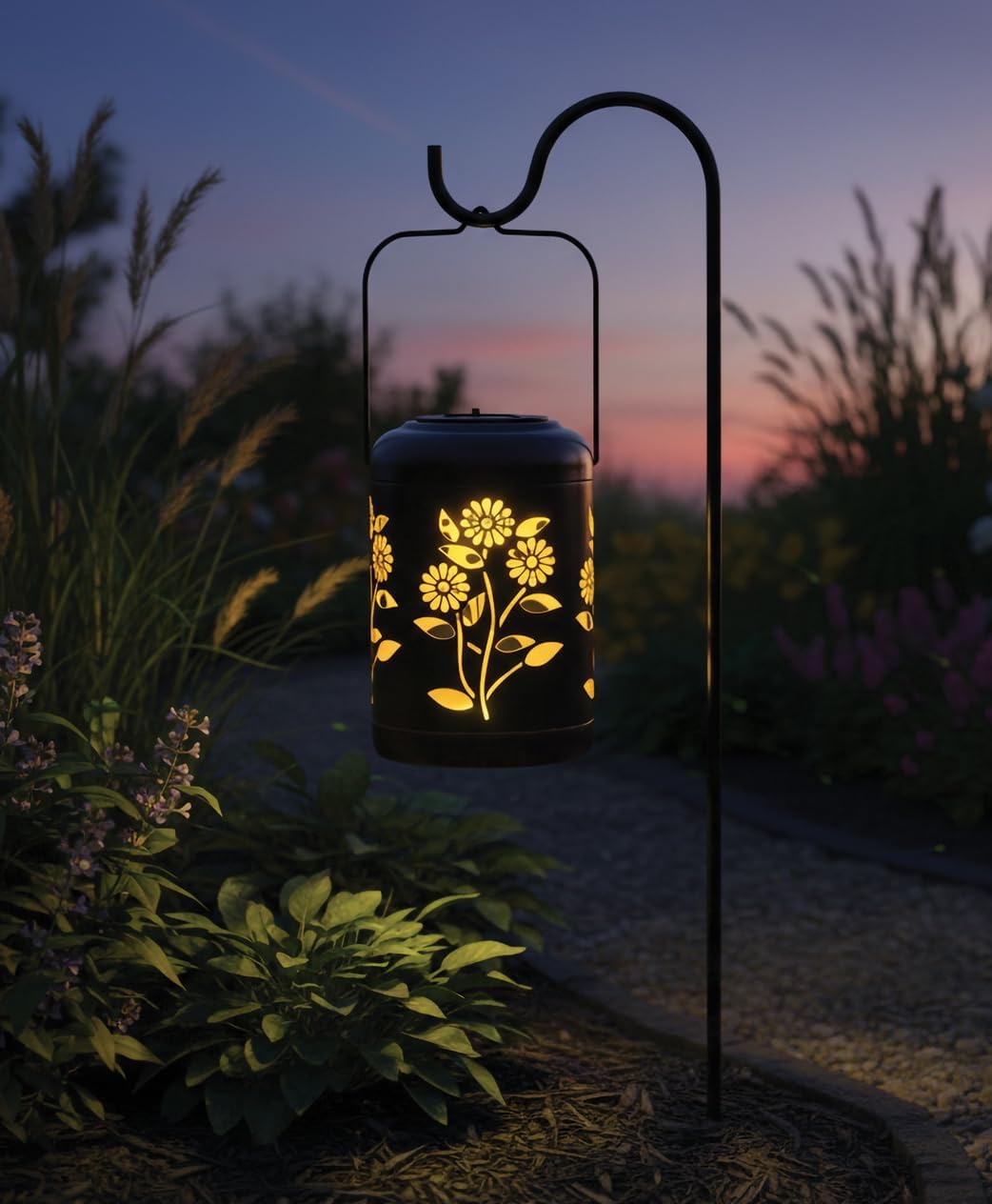 Regal Art & Gift Solar Flower Shadow Lantern Outdoor, Waterproof Garden Décor, Ideal Gift for Women, Mom, Grandma – Hanging Metal Solar Lights for Yard, Patio, Backyard, Porch, Gold