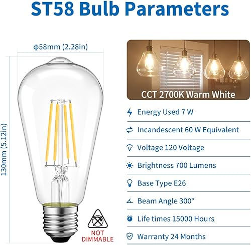 Miniatura 5 de ANWIO Bombillas LED Edison vintage, paquete de 6 unidades, 7 W, equivalente a 60 W, no regulables, ST58 2700 K, bombillas de filamento LED antiguo
