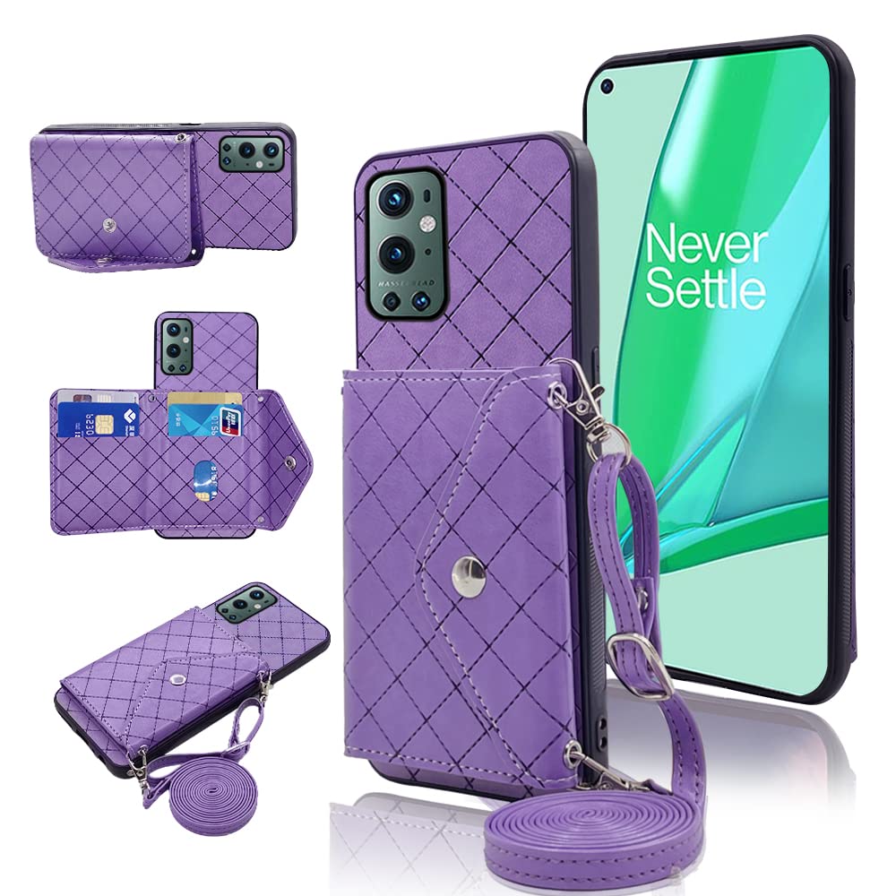 Compatible with OnePlus 9 Pro One Plus 9Pro 5G Wallet Case with Crossbody Shoulder Strap and Stand Leather Credit Card Holder Cell Accessories Phone Cover for On 1Plus 1 + Plus9 1+ Pro Nine Purple