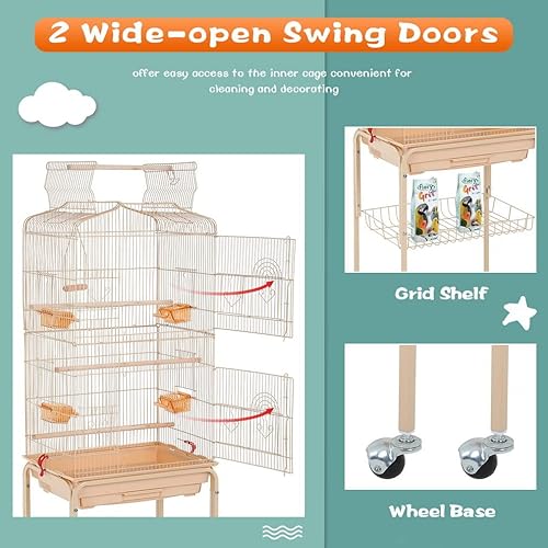 Vista 20 de BestPet Jaula para pájaros de hierro forjado de 64 pulgadas para periquitos, jaula mediana y pequeña para periquitos con soporte enrollable Blanco