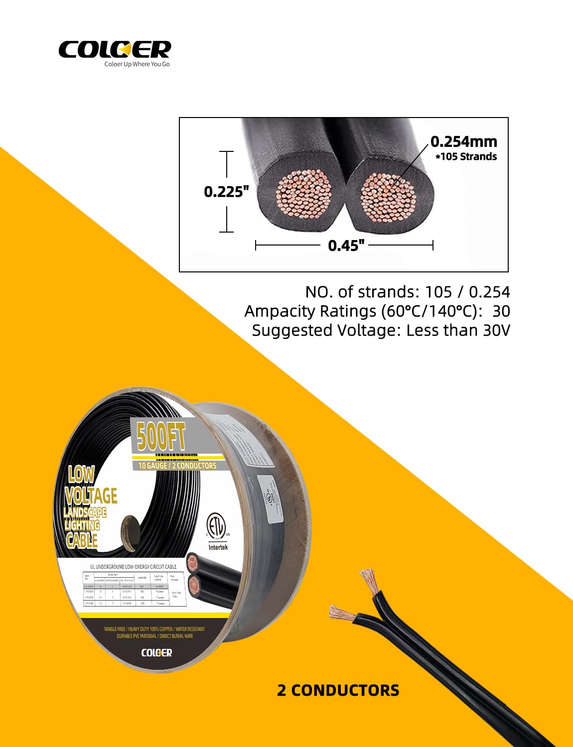 COLOER 500ft 10/2 Low Voltage Landscape Lights Wire Stranded PVC Cord Pure Copper Cable 10 Gauge 2 Conductor Tangle Free Outdoor Landscape Lighting Direct Burial Electrical Cable