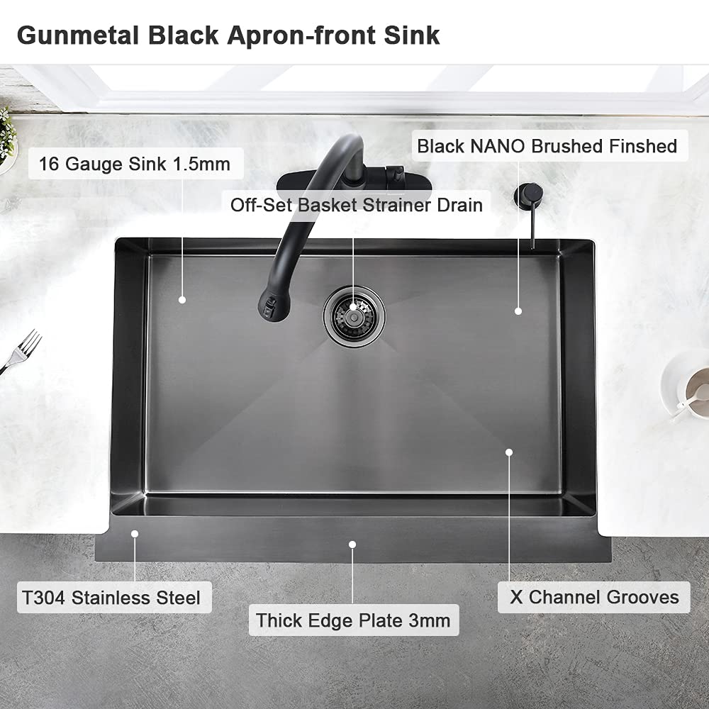 33 inch Black Farmhouse SinkHovheir Stainless Steel Kitchen Sink Deep