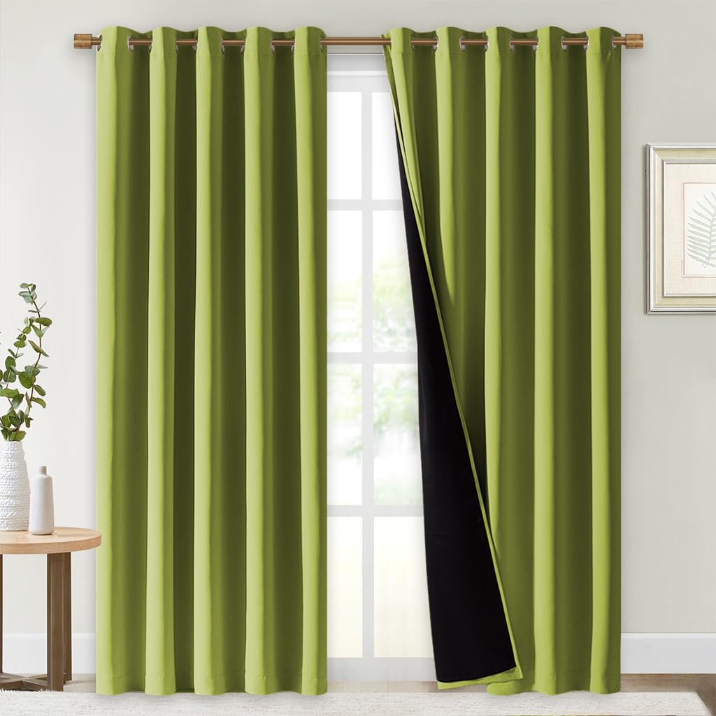 NICETOWN 100% Blackout Window Curtain Panels, Fresh Green, 2 Pieces, 70" Wide Each Panel, Cold and Full Light Blocking Drapes with Black Liner for Nursery, 84" Drop Thermal Insulated Draperies
