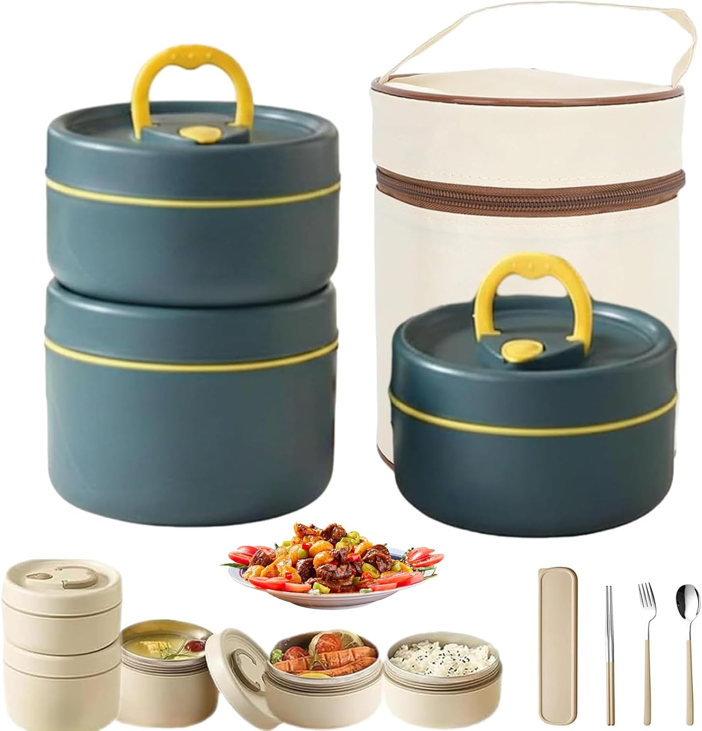 Portable Insulated Lunch Container Set, 2/3/4 Tier Separate Stackable Stainless Steel Lunch Container with Insulated Lunchs Bag and Cutlery Set, Bento Box for Work, Picnics & Camping (Blue, 3-Tier)