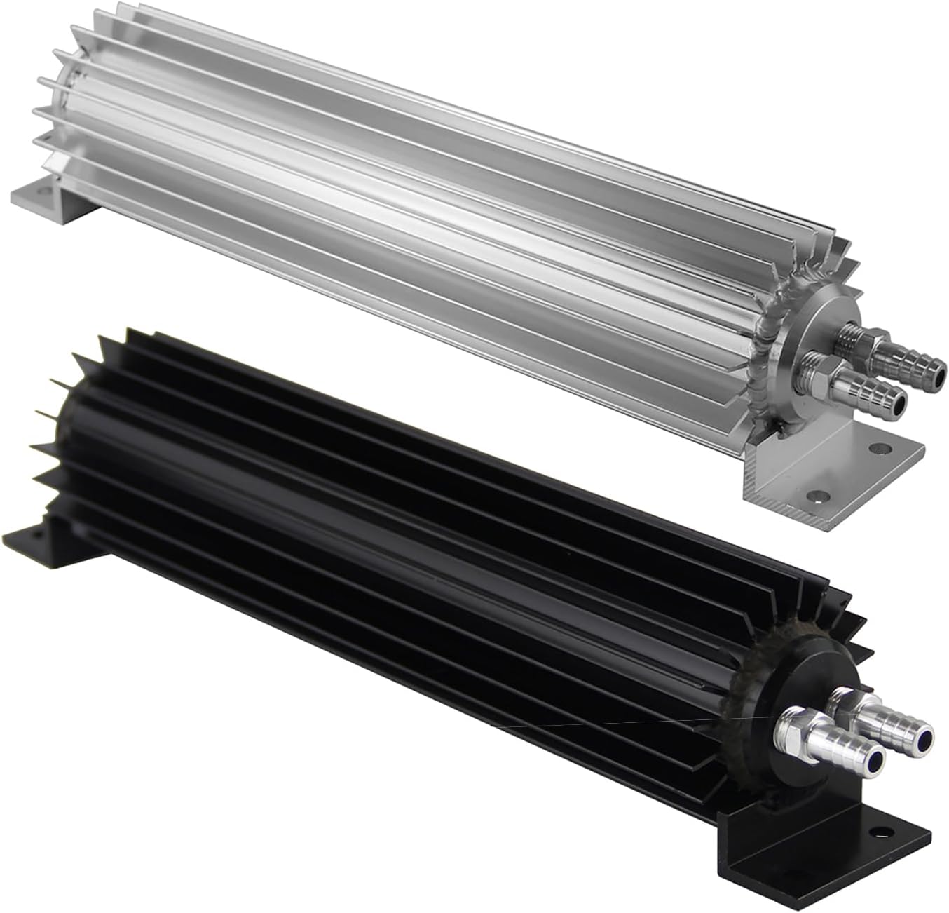 Universal 12'' Dual Pass Finned Transmission Oil Cooler with Fittings Compatible with Chevy Ford, Aluminum Low Pressure Drop Transmission Heat Sink Cooler Black