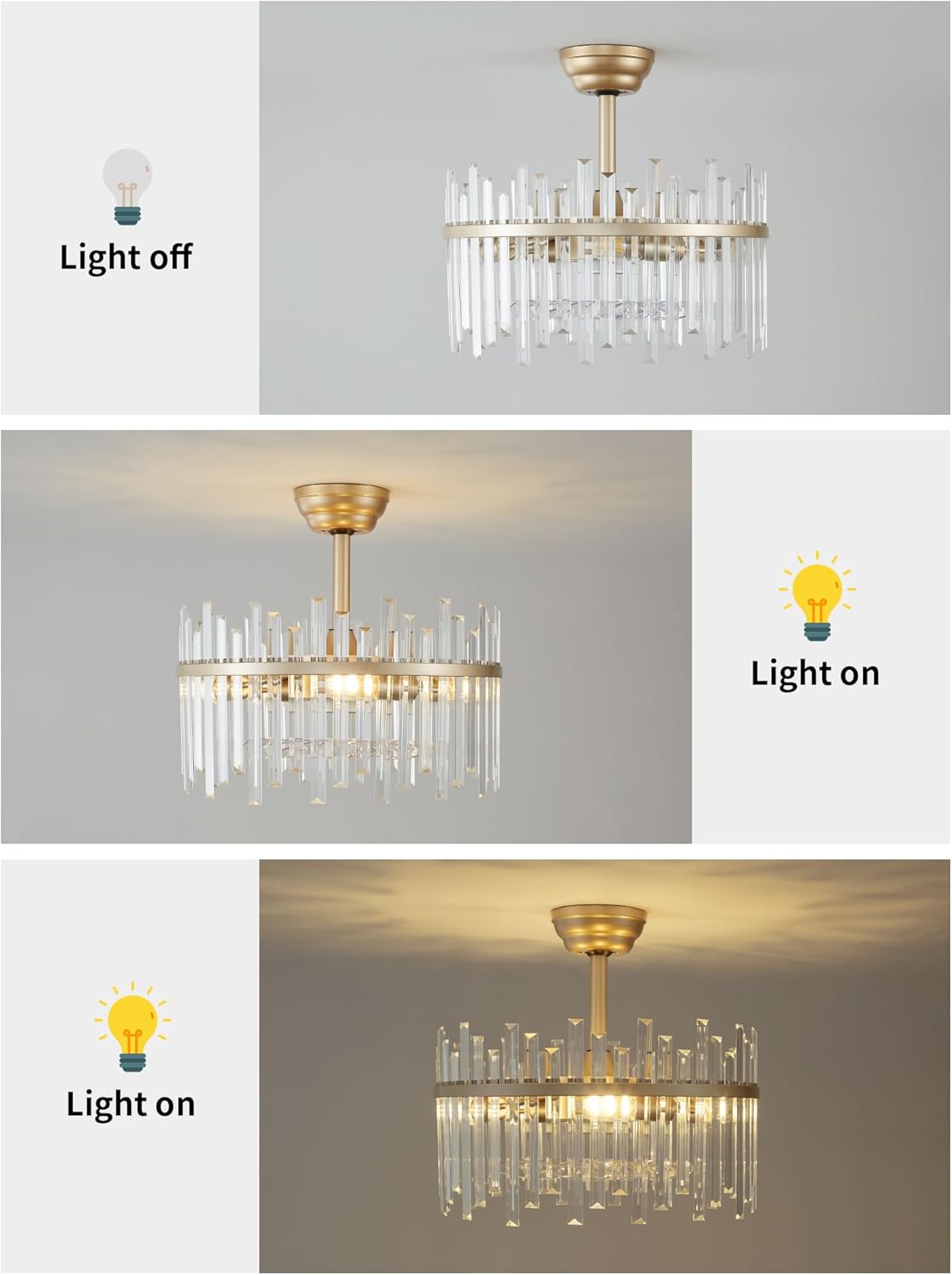 20" Gold Crystal Fandelier Ceiling Fans with Lights, Crystal Chandelier Ceiling Fans with Lights Remote Control, Caged Modern with 6 Speeds for Bedroom, Living Room, Nursery