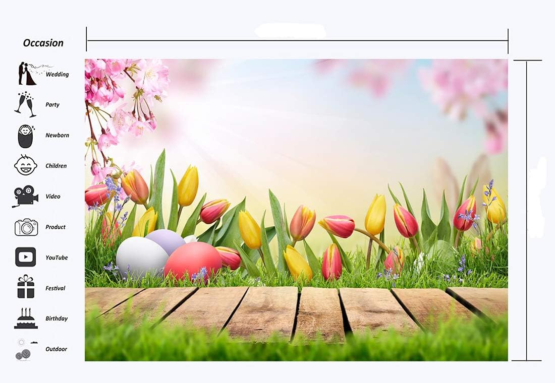Haosphoto 7X5FT Happy Easter Backdrop for Photography Spring Garden Floral Backdrops Cherry Blossom Wood Floor Green Grass Field Eggs Hunt Background for Kids Easter Party Photo Studio Prop HS336 - Image 3