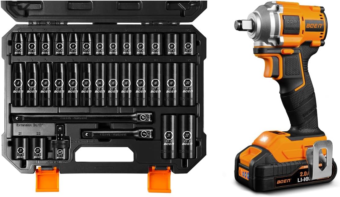 boen 33PCS 1/2" Drive Metric Socket Set + 260FT-LBS(350N.m) Cordless Impact Wrench IW79