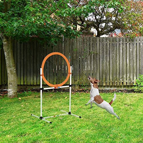 PawHut Agility Sprungring für Hunde, Agility Set Hunde, Agility Ring 2 in 1 Sprungringstange mit Tragetasche Kunststoff 74,5 x 66 x 91 cm Weiß+Orange