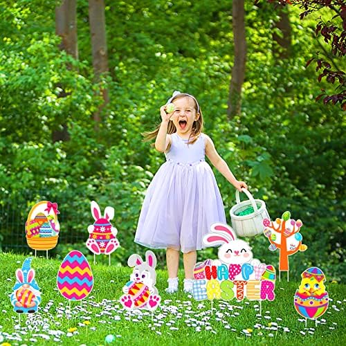 Easter Yard Sign for Outdoor Decorations Garden, Happy Easter Bunny Egg Chicks Gonk Signs Hunt Kit with 16 Stakes Stand Decor for Game, Lawn, Activities, Props, Party Supplies (8 Pack)