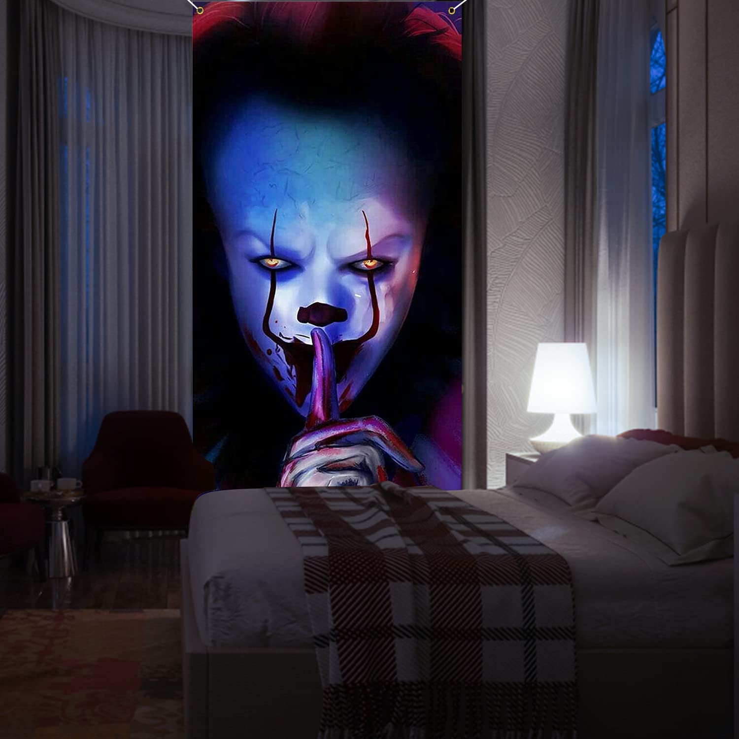 Joker Payaso Halloween Banner Decoración Halloween Puerta Cubierta telón de fondo Trick or Treat Película de terror Asesino espeluznante Terror IT Tema Fondo Decoración Halloween Fiesta de cumpleaños